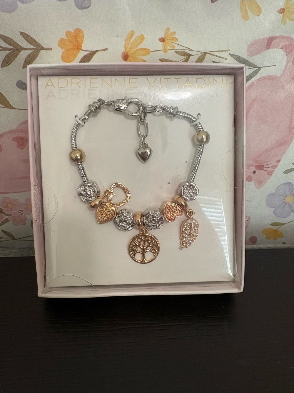 Adrienne Vittadini Two-Tone Rose Gold & Silver Tree of Life Charm Bracelet. EUC